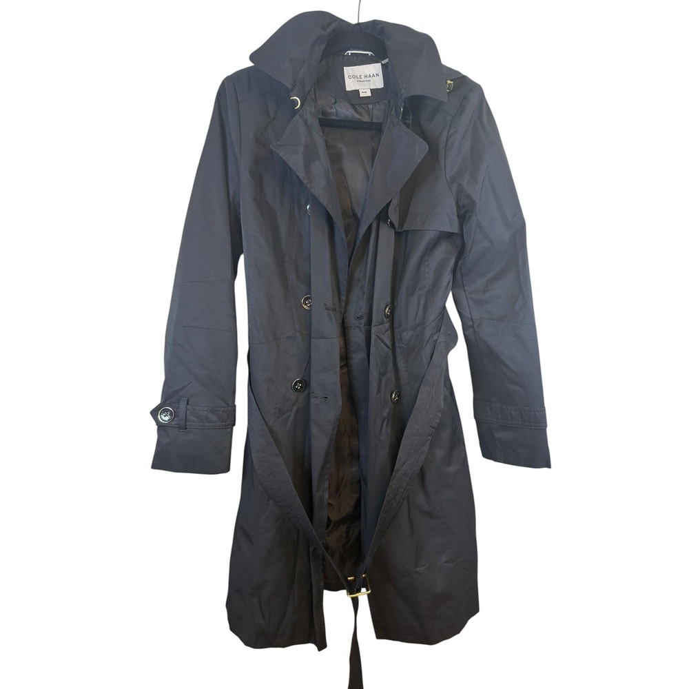 Cole Haan Signature Black Hooded Trench Coat Double Breasted Belted Jacket M